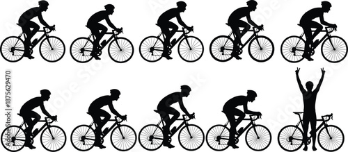 Cyclist silhouette set, road cycling athlete riding bicycle, professional bike racing poses, sport training illustration, active lifestyle concept