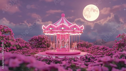 Carousel in pink flowers garden in Valentine Day