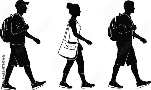 Silhouette of people walking with backpacks and shoulder bags, travelers, students, commuters, back to school, tourism, hiking, walking on white background