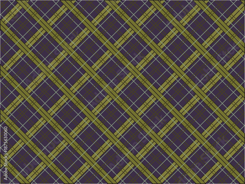 Seamless diagonal tartan plaid pattern in purple and olive green tones. Classic checkered textile background with intersecting lines, suitable for fashion, apparel, fabric, wallpaper, wrapping paper.