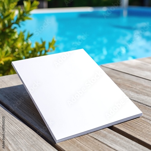 A blank, white card rests on a rustic wooden outdoor table, surrounded by soft sunlight filtering through nearby trees, creating a serene atmosphere.