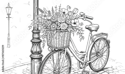 Vintage bicycle with flower basket parked by a lamppost in town