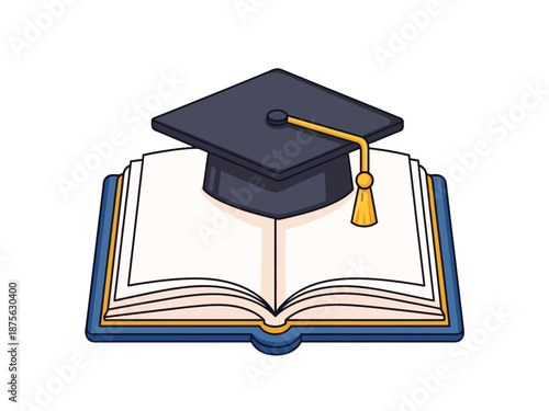 Graduation Cap Placed on Open Book Symbolizing Education and Knowledge.