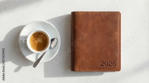 Agenda vintage de piel hecha a mano junto a un café espresso, para tomar notas del día a día como agenda, diario, cuaderno de viajes, con iluminación natural sobre un fondo blanco junto