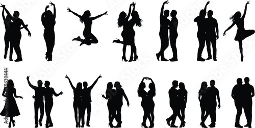 Dancing couple silhouette collection, men and women dance poses, celebration romance movement, party lifestyle figures, isolated black illustration
