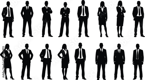 Silhouette of professional business people men and women in suits standing corporate team leadership group successful office workers on white background