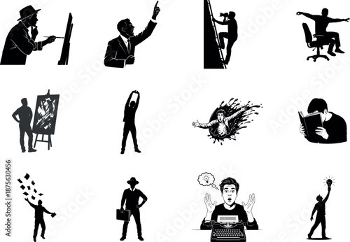 Businessmen in various poses and emotions in black and white