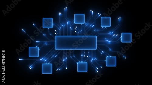 A I agents box neon network digital intelligence connections artificial intelligence technology concept glowing blue circuits on black background