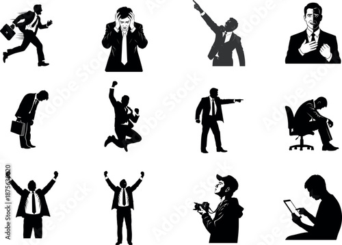 Business Men Silhouettes Expressing Various Emotions and Actions