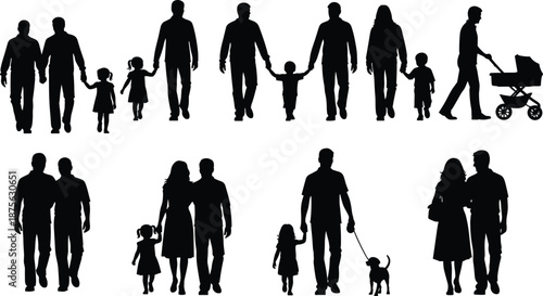 Silhouettes of diverse families, same-sex couples, single parents with children, and people walking dogs or pushing strollers on white background.