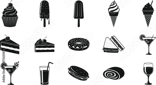 Dessert and drink silhouettes collection, ice cream cake donut sandwich cocktail set, sweet food icons, black silhouettes isolated white