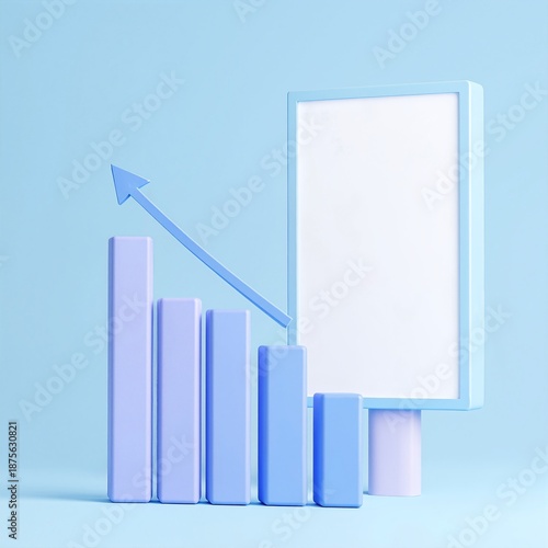 A vibrant blue and white bar chart displays increasing values, with a bold arrow pointing upward, symbolizing growth and positive trends in data analysis.
