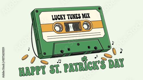Green cassette tape with lucky tunes mix label and happy st patrick's day text on light green background with music notes and coins