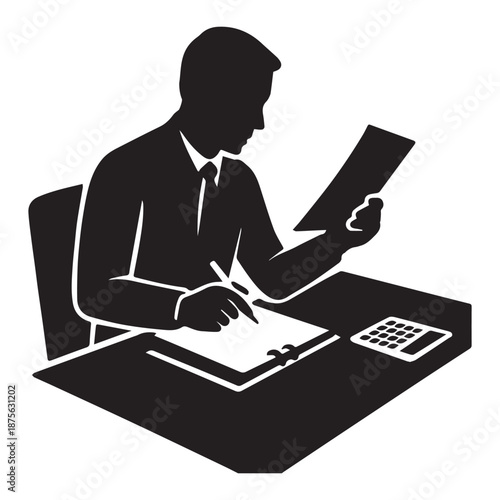 Focused businessman meticulously reviewing documents at his desk, with a calculator nearby for calculations.