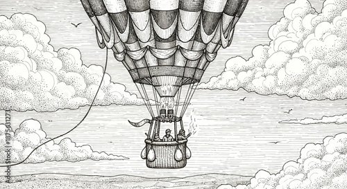 Vintage hot air balloon flight among dramatic clouds in detailed engraving style
