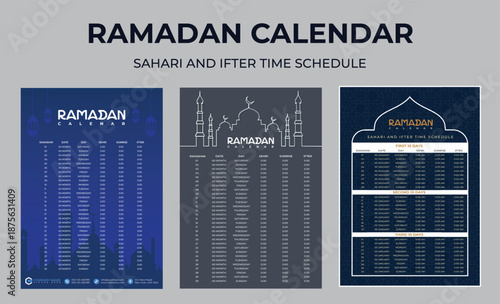 Set of Ramadan calendar sahari  & iftar schedule template 