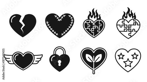 Broken and Flaming Love Hearts Set with Lock and Skull Symbols on Black Background
