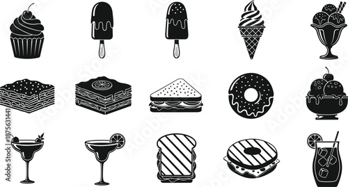 Dessert and food silhouettes set, ice cream cupcakes cakes sandwiches drinks, sweet snack icons vector illustration isolated on white