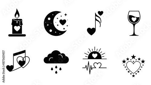 Minimalist Love and Dating Concept with Hearts and Sparkles on Black Background