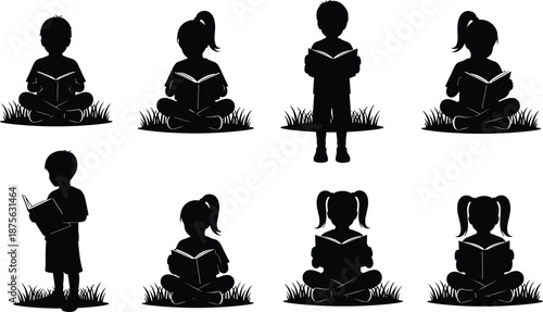 Silhouettes of diverse young children sitting in grass and standing while reading books and learning in nature for education concept