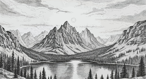 Majestic mountain lake landscape rendered in detailed black and white pencil art