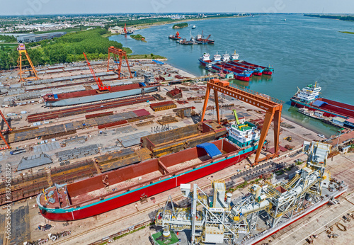 Konstfotografi Busy Shipyard Panorama - Aerial View of Ship Construction and Industrial Cranes