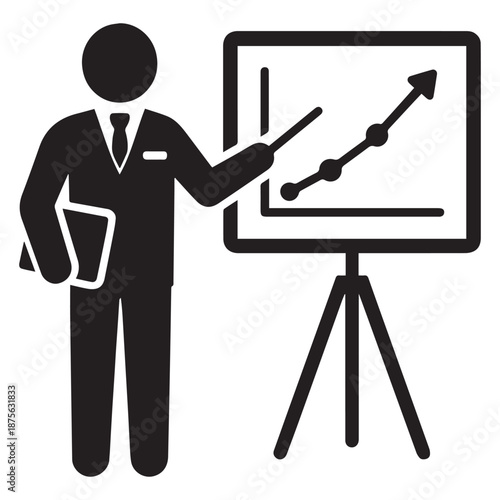 Businessperson presenting growth chart on flip chart stand in modern office