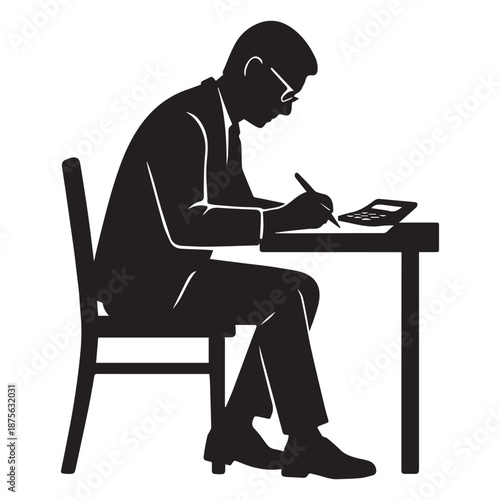 Silhouette of a man in a suit diligently working at a desk with a calculator.