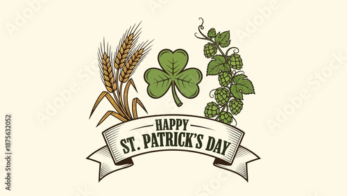 St patrick's day illustration with clover wheat hops on beige background festive banner