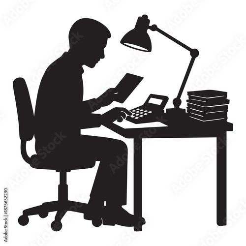 Silhouette of a person working diligently at a desk with a calculator and books, illuminated by a desk lamp.