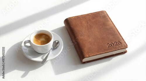 Agenda vintage de piel hecha a mano junto a un café espresso, para tomar notas del día a día como agenda, diario, cuaderno de viajes, con iluminación natural sobre un fondo blanco junto
