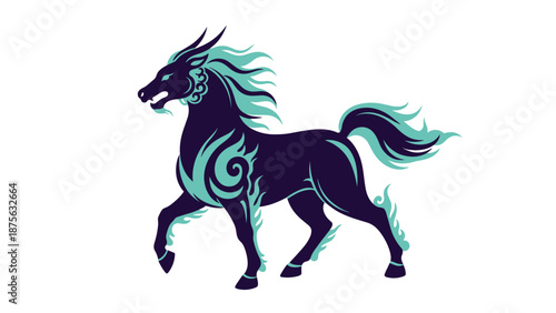 Stylized Dark Horse with Turquoise Accents in Dynamic Pose.