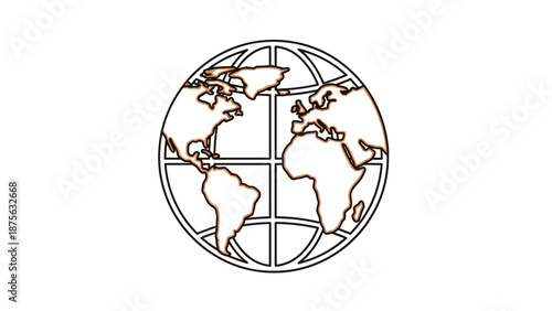 Stylized Earth Globe Outline with Continents and Grid Lines.