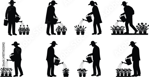 Gardening silhouette illustration, watering plants vector, environmental care concept, potted flower nurture, black graphic design, manual garden activity scene