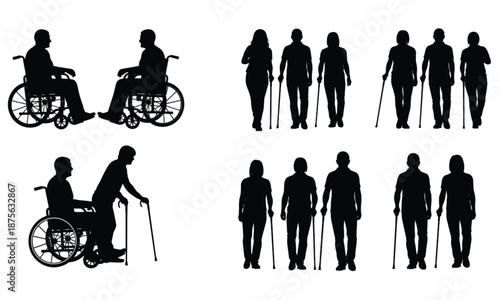 Disabled people silhouettes set, wheelchair users and walking with canes, elderly mobility support figures, accessibility concept, black vector illustration