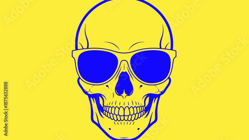 Stylized Skull with Sunglasses on Yellow Background.