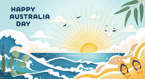 Happy Australia Day Celebration Background with Vibrant Beach Sunrise Blue Ocean Waves Golden Sand Eucalyptus Leaves Summer Flip Flops Seagulls and Clouds for Holiday Greeting Card Posters