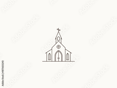 Simple Line Drawing of a Church Building with Cross.
