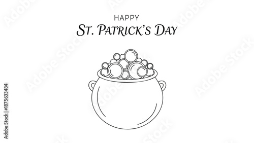 St patrick's day illustration with a cauldron full of gold coins on white background