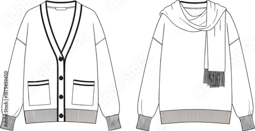 Technical drawing of a v-neck cardigan with buttons and pockets alongside a matching knitted sweater with a wrap scarf detail.