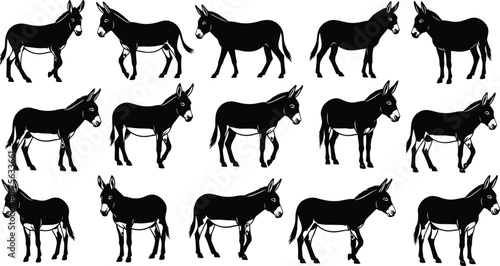 Donkey silhouettes set in different standing and walking poses, farm animal black vector illustration isolated on white background