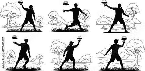 Disc golf player silhouette throwing flying disc, outdoor park action, frisbee sport illustration, black white vector set