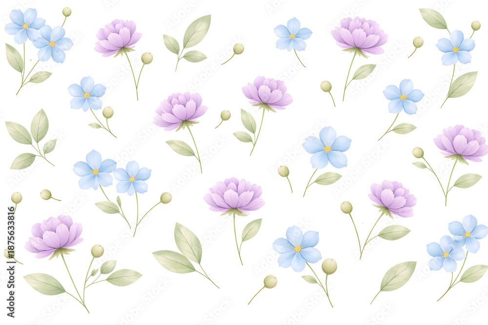 Obraz premium Watercolor floral elements pattern with soft blue and lilac flowers, green leaves, and buds on a white background, perfect for wedding design.