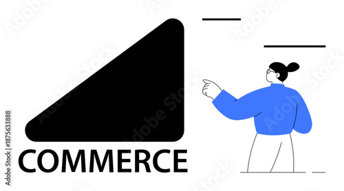 E-commerce, digital business, branding, marketing, strategy, team collaboration. Abstract figure pointing to a bold geometric element with commerce text. E-commerce and digital business