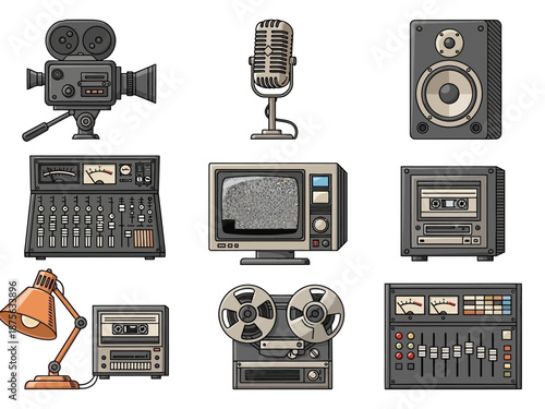 Retro Media and Audio Equipment Set: Vintage Camera Microphone TV Mixers Reel-to-Reel.