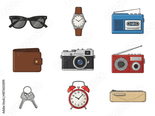 Collection of Retro Everyday Objects and Personal Accessories Illustration.