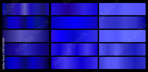 pack of blue metallic gradients. blue palette. Sample collection. Bright gradient set on black background. metallic texture