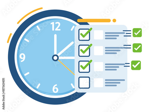Time management illustration featuring a clock and checklist with tasks being completed efficiently