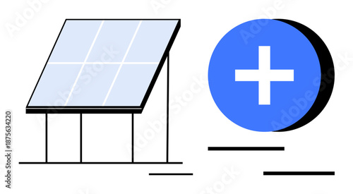 Renewable energy concept. Renewable energy with a solar panel and circular add symbol promoting sustainability. Renewable energy for green solutions, technology, and environment. Usage renewable