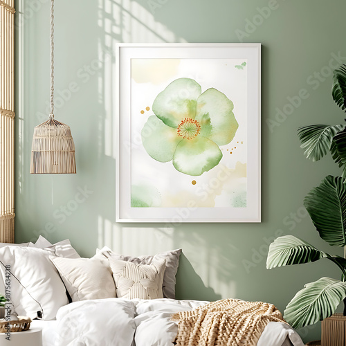 Serene green poppy flower poster adorns light green wall, enhancing tranquil atmosphere of cozy bedroom. soft hues and natural elements create
